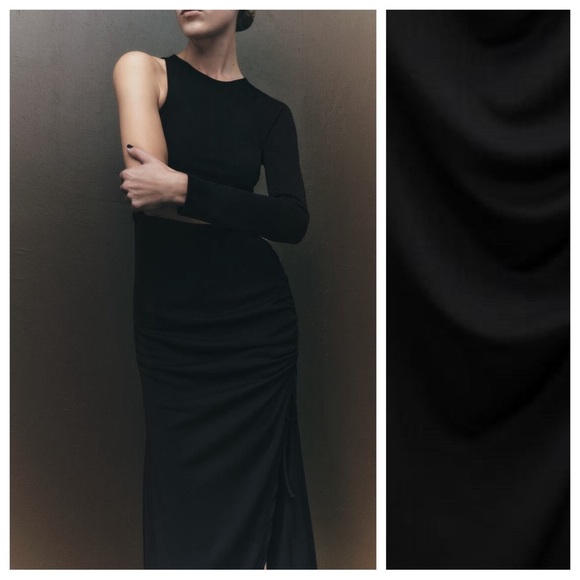 NWT. Zara Black Asymmetric Draped Midi Dress. Size M. - Picture 6 of 10